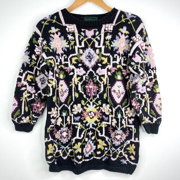 Vintage Cullinane Hand Knit Floral Heavy Sweater Small - Picture 1 of 12